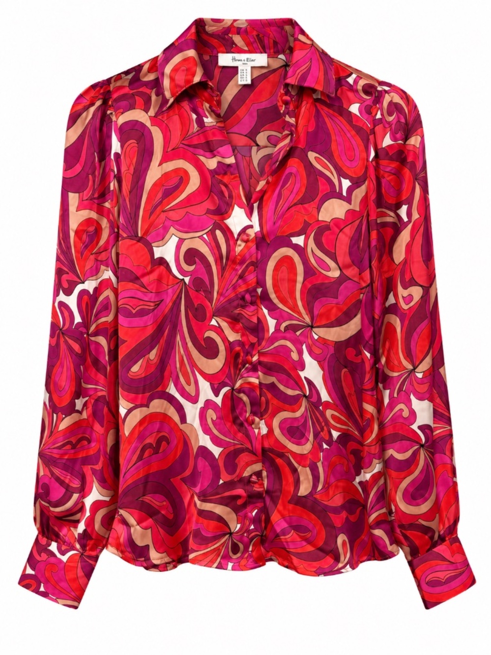 Haver & Blair London Pink Red Paisley Button Down Blouse Retro Satin | Medium